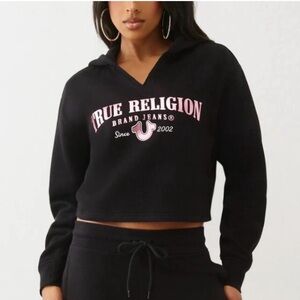 True Religion Cropped Hoodie Sweatshirt Women's XXL Black with Pink Foil Logo